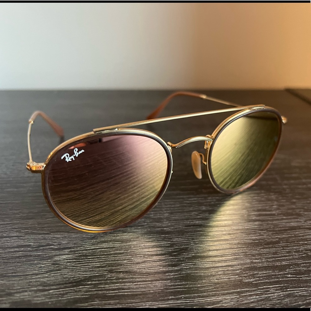Ray Ban Rose Gold Round Double Ridge Sunglasses, Copper Gradient Mirror, Gold